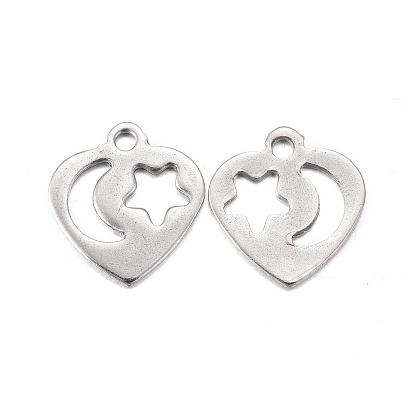 201 Stainless Steel Charms, Laser Cut, Heart with Hollow Star and Moon