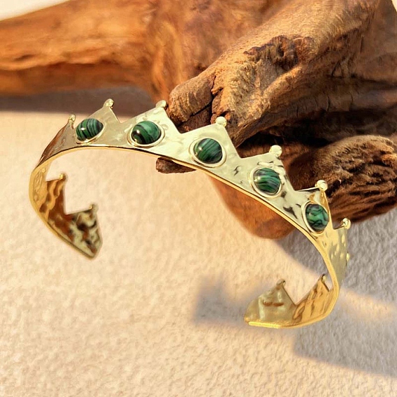 304 женские браслеты-манжеты из нержавеющей стали, корона, с синтетическими бисера малахита