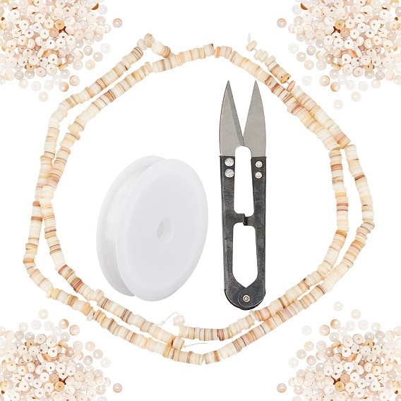 DIY Stretch Bracelets Making Kits, inxlude Flat Round Natural Freshwater Shell Beads, Elastic Crystal Thread and Steel Scissors