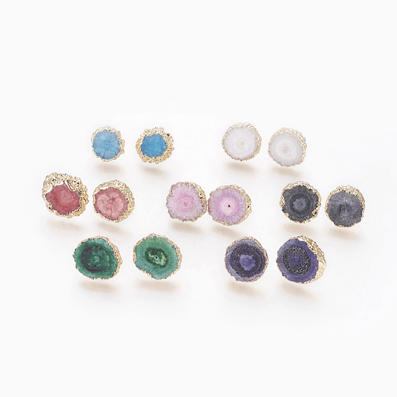 Natural Dyed Quartz Stud Earrings, with Brass Findings, Flat Round, Golden