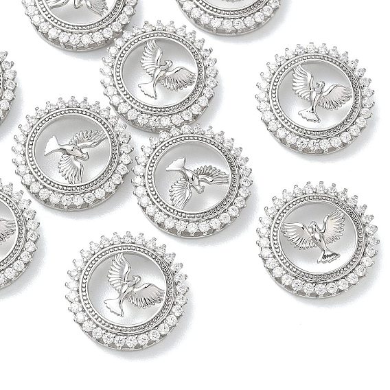 Pendentifs en laiton Shegrace avec zircon cubique transparent, plat rond avec breloques oiseaux, sans cadmium et sans plomb et sans nickel