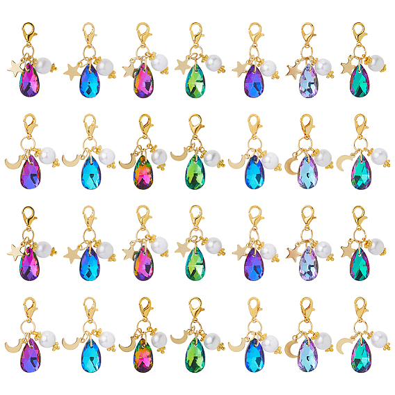 28шт 7цвета стеклянные и акриловые подвесные украшения, Сплав с застежками когтя омара, золотые