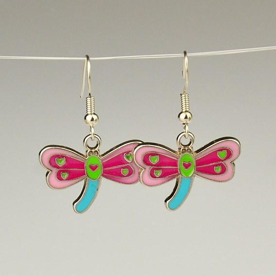 Fashion Alloy Enamel Earrings, with Brass Earring Hooks, Dragonfly, Colorful, 35x24mm