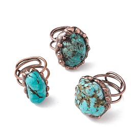 Synthetic Turquoise Irregular Nugget Open Cuff Ring, Red Copper Brass Wire Wrap Chunky Ring for Women, Cadmium Free & Lead Free