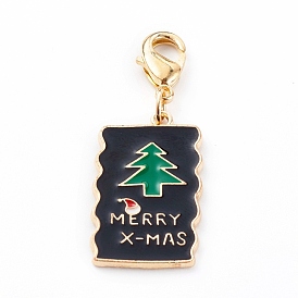 Pendentifs en alliage d'émail sur le thème de Noël, avec fermoirs mousquetons en laiton  , rectangle avec sapin de noël