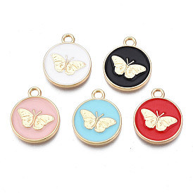 Alloy Enamel Pendants, Cadmium Free & Nickel Free & Lead Free, Light Gold, Flat Round with Butterfly