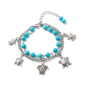 Synthetic Turquoise Beads Multi-strand Bracelets, Tortoise Alloy Charm & 304 Stainless Steel Curb Chains Bracelets for Women