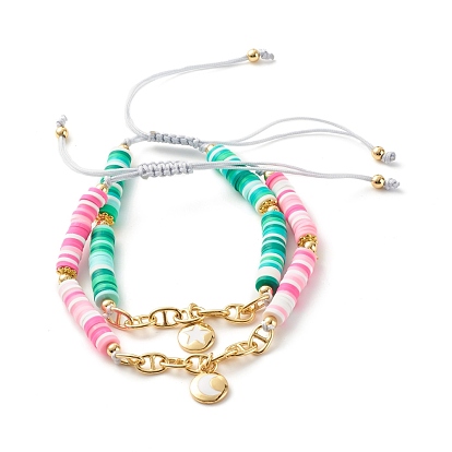 Ensemble de bracelets de perles tressées en argile polymère à disque faits à la main, bracelets de chaînes à maillons de marin en laiton, bracelets breloques émail lune et étoile plat rond pour femme
