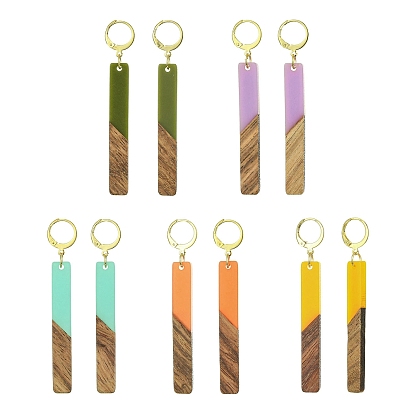 Two Tone Resin & Walnut Wood Rectangle Dangle Leverback Earrings, Golden 304 Stainless Steel Long Drop Earrings