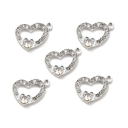 Alloy Rhinestone Pendants, Platinum Tone Hollow Out Heart Charms