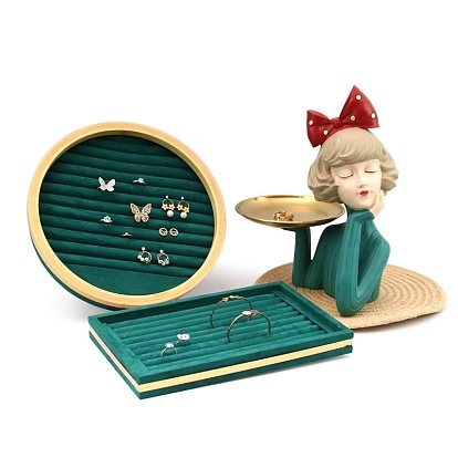 Поднос для ювелирных изделий из бархата и бамбука, Органайзер для ювелирных изделий, для хранения ожерелий, колец, подвесок