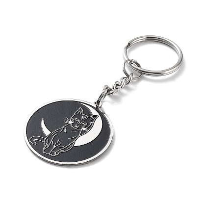 304 Stainless Steel Pendant Keychain, with Enamel, Flat Round with Cat