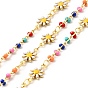 Brass Daisy Flower Link Chains, with Enamel Beaded, Real 18K Gold Plated, Soldered, with Spools, Long-Lasting Plated