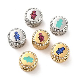304 Stainless Steel European Beads, with Enamel & Rhinestone, Large Hole Beads, Flat Round with Human