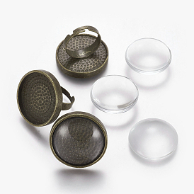 DIY Ring Making, Vintage Adjustable Brass Ring Components, with Clear Glass Cabochons, Flat Round