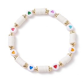 Bracelet extensible perles heishi motif coeur pour femme, bracelet en perles d'acrylique et d'argile polymère