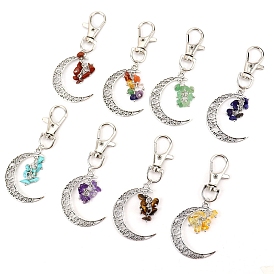 Antique Silver Palted Alloy Hollow Moon Pendant Decorations, Natural & Synthetic Gemstone Chip and Swivel Clasp Charm for Bag Ornaments