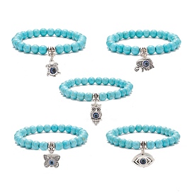 Synthetic Turquoise Round Beaded Stretch Bracelet, Alloy with Resin Evil Eye Charm Bracelet for Women