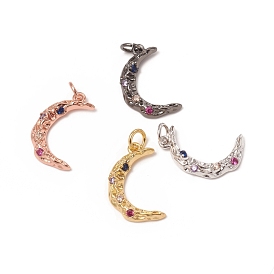 Brass Micro Pave Colorful Cubic Zirconia Textured Pendants, with Jump Rings, Long-Lasting Plated, Moon