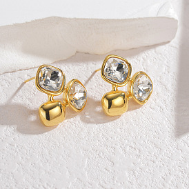 304 Серьги-гвоздики из нержавеющей стали с прозрачным фианитом и микропаве, квадратный