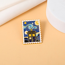 Creative Geometric Metal Badge Art House Brooch Pin for Van Gogh Fans