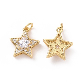 Star Brass Micro Pave Clear Cubic Zirconia Pendants, with Jump Rings, Cadmium Free & Nickel Free & Lead Free