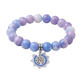 10.5mm Round Opaque Crackle Glass Beaded Stretch Bracelets, Alloy Tree of Life Charm Bracelets