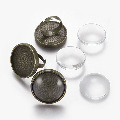 DIY Ring Making, Vintage Adjustable Brass Ring Components, with Clear Glass Cabochons, Flat Round