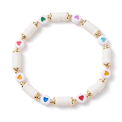 Bracelet extensible perles heishi motif coeur pour femme, bracelet en perles d'acrylique et d'argile polymère