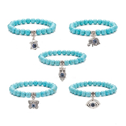 Synthetic Turquoise Round Beaded Stretch Bracelet, Alloy with Resin Evil Eye Charm Bracelet for Women