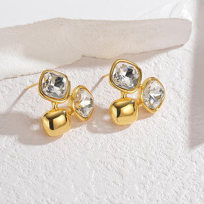 304 Серьги-гвоздики из нержавеющей стали с прозрачным фианитом и микропаве, квадратный