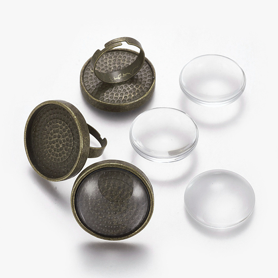 DIY Ring Making, Vintage Adjustable Brass Ring Components, with Clear Glass Cabochons, Flat Round