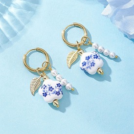 Серьги-кольца из латуни с цветком и листом, с фарфоровыми бусинами и бусинами из культивированного пресноводного жемчуга
