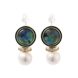 Brass Paua Shell Ear Studs, with Glass & Pearl Beads, 925 Sterling Silver Pins, Round