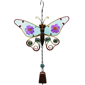 Iron & Glass Butterfly Pendant Decorations, Bell Tassel Wind Chime for Garden Outdoor Courtyard Balcony Hanging Decoration