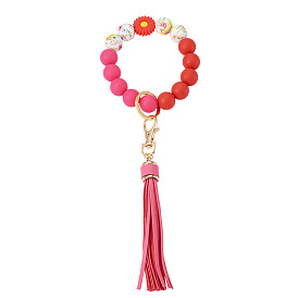 Брелки с кисточками из силиконовых круглых бусин и искусственной кожи, с кольцами для ключей из сплава, подсолнечник