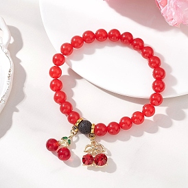 Браслеты из стекла, стекла и сплава с подвесками из страз., Эластичные браслеты для женщин из натурального и окрашенного малазийского нефрита и лавового камня., вишня