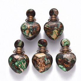Heart Assembled Natural Bronzite and Synthetic Imperial Jasper Openable Perfume Bottle Pendants, with Brass Findings, Dyed