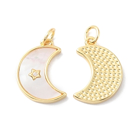 Rack Plating Brass Micro Pave Clear Cubic Zirconia Pendants, with Shell, Moon Charms, Long-Lasting Plated, Cadmium Free & Lead Free