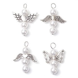 Shell Pearl Beaded Angel Pendants, with Alloy Wings, White