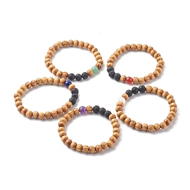 Natural Wood Beads Stretch Bracelets, with Natural Mixed Gemstone Beads, Round