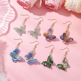 4пара латунных сережек-подвесок, с подвесками из ацетата целлюлозы в виде бабочек