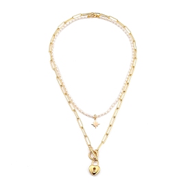 Pendant Necklaces Sets, with Natural Pearl Beads, Brass Paperclip Chains & Star Charms, 304 Stainless Steel Heart Lock Pendants & Clasps
