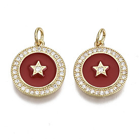 Brass Micro Pave Cubic Zirconia Pendants, with Enamel and Jump Ring, Nickel Free, Flat Round with Star, Real 16K Gold Plated