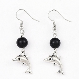 Alloy Dangle Earrings, with Glass Beads and Brass Earring Hooks, Dolphin