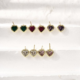 Серьги-гвоздики в форме сердца из латуни с кубическим цирконием, без кадмия и без свинца, долговечный, стойки покрытие, реальный 18 k позолоченный