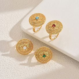 Геометрические полые плоские круглые латунные кольца с паве из кубического циркония для женщин, золотые