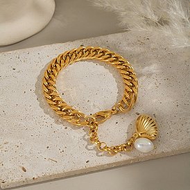 304 Браслеты-цепочки из нержавеющей стали и натурального пресноводного жемчуга для женщин, формы раковины, ионное покрытие (ip), без кадмия, без никеля и без свинца