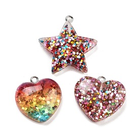 Transparent Resin Pendants, Star/Heart Charms with Paillettes & Platinum Tone Iron Loops