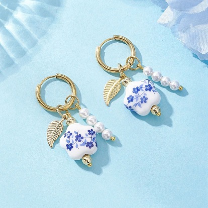 Серьги-кольца из латуни с цветком и листом, с фарфоровыми бусинами и бусинами из культивированного пресноводного жемчуга